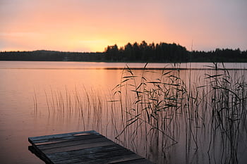 Peaceful sunset view over a lake with a wooden pier and reeds, capturing tranquility and nature's beauty. HD wallpaper