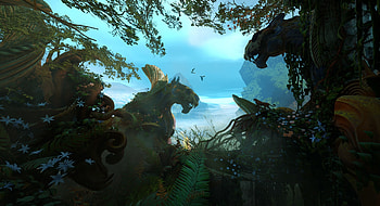 Rainforest, bird, fantasy, panther, tyler smith, jungle, luminos, water HD wallpaper