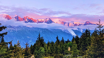 View of Mont Blanc and surroundings above Chamonix, cloudsmist, morning, alps, landscape, trees, sky HD wallpaper