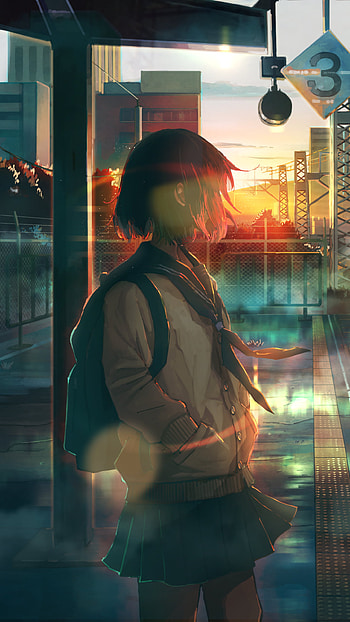 Sunset Reverie: Anime Girl in Uniform at Dusk, short hair, uniform, Anime, girl, anime girl, anime sunset HD phone wallpaper