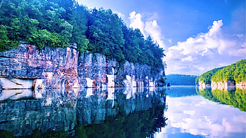 Summersville Lake, Mt. Nebo, West Virginia, sky, water, reflections, trees, clouds, usa HD wallpaper