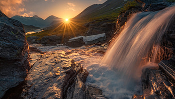 Valley Of Romsdalen, Norway, rocks, sunset, landscape, waterfall, sun, mountains HD wallpaper