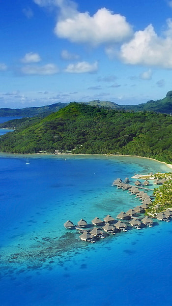 Aerial view of Bora Bora, Mount Otemanu, Coral reef, French Polynesia HD phone wallpaper