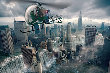 Destruction, buildings, city, helicopters, floods HD wallpaper
