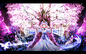 Yuyuko Saigyouji, anime girl, touhou, pink hair, sakura tree, dress, hat, sakura flowers HD wallpaper