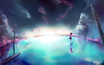 Kagamine Len, night, awesome, sunlight, vocaloid, petals, trees, water, sea, landscape, beautiful, star, boy, anime, lights, cool, landcsape, clouds, sky, flowers HD wallpaper