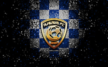 Al Hilal SFC, glitter logo, Saudi Professional League, blue white checkered background, soccer, saudi football club, Al Hilal logo, mosaic art, Al Hilal, football, Al Hilal FC HD wallpaper