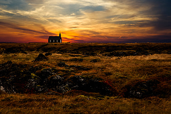 Nature, Sunset, Grass, Sky, Horizon, Temple, Iceland, Church HD wallpaper