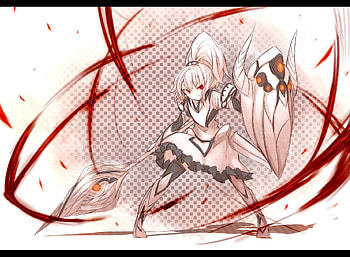 shirogane usagi art, shield, ponytail, staff, white hair, weapon, red eyes, girl HD wallpaper