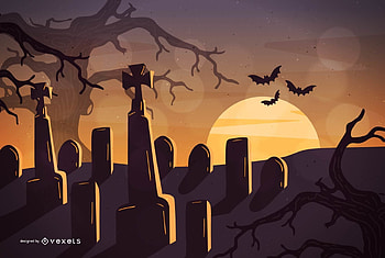 Graveyard at sunset, halloween, moon, fantasy, vexels, luna, vector, graveyard, sunset, orange HD wallpaper