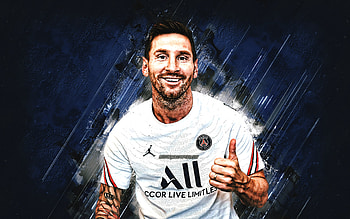 Lionel Messi, PSG, white uniform, portrait, Paris Saint-Germain, Lionel Messi PSG, blue stone background, Messi Paris Saint-Germain, Ligue 1, France, Messi PSG HD wallpaper