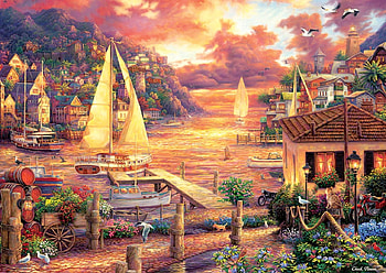 Golden Sea, igsaw, golden, sea, homes, sunset HD wallpaper
