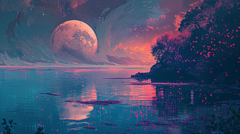 Moonlit Magenta Dreamscape - Artistic, artistic, landscape, moon, lake, night HD wallpaper