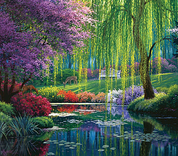 Park, art, spring, lake, tree, pink, red, green, water, pond HD wallpaper