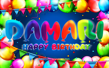 Happy Birtay Damari, , colorful balloon frame, Damari name, blue background, Damari Happy Birtay, Damari Birtay, popular american male names, Birtay concept, Damari HD wallpaper