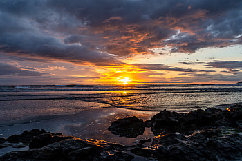 Nature, Sunset, Stones, Horizon, Dark, Ocean HD wallpaper