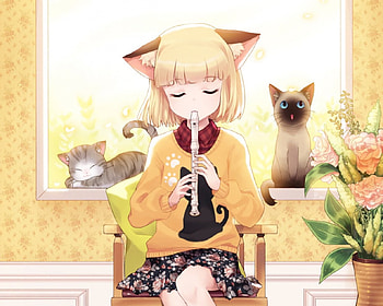 Spring Melody, kitten, animal, nekomimi, kitty, cute, floral, melody, beauty, nice, music, recorder, flower, short hair, female, blossom, sweet, neko mimi, vase, girl, cat, beautiful, kawaii, anime girl, neko, anime, pretty, lovely HD wallpaper
