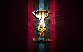 Harlequin FC, golden logo, Premiership Rugby, purple metal background, english rugby club, Harlequin FC logo, rugby HD wallpaper