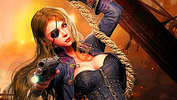 Pirate girl, black, pirate, girl, orange, woman, fantasy, game, gun, luminos HD wallpaper