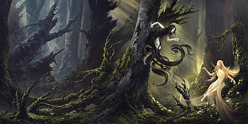 The witch and the fairy, tree, fairy, julian bauer, fantasy, girl, witch, dark HD wallpaper