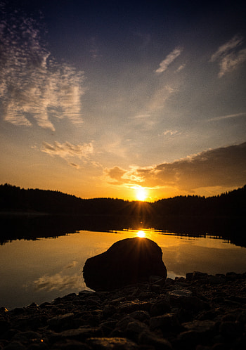 Nature, Sunset, Sky, Sun, Rock, Lake, Reflection, Shore, Bank, Forest, Stone HD phone wallpaper