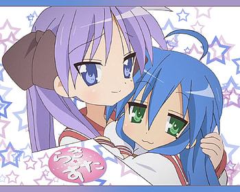 Lucky Star Konata and Kagami, lucky star, purple hair, blue hair, long hair, twin tails, kagami, hug, konata, school unifom, green eyes, cute blue eyes HD wallpaper