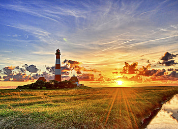 Lighthouse under Bright Sunlit Sky, Fields, Nature, Sun, Lighthouses, Sky HD wallpaper