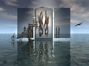 Playing on water, bicycle, aeroplane, people, water, staircase HD wallpaper