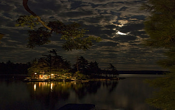 Serenity, landscapes, lakes, moon, sky, peaceful, houses, islands HD wallpaper