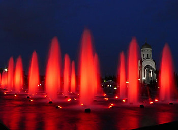 Fountains and church, night, fountain, red, church, nice HD wallpaper