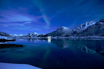 Nature, Sunset, Mountains, Ice, Lake, Starry Sky, Boat HD wallpaper