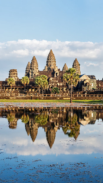 Cambodia, Architecture, Lake, Trees HD phone wallpaper