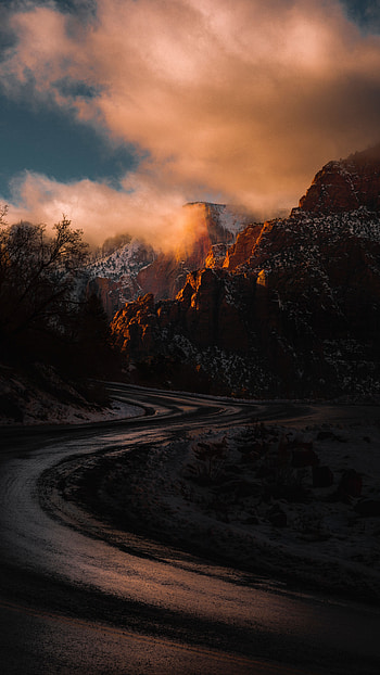 Nature, Sunset, Mountains, Usa, Road, Turn, Zion National Park, National Park Of The City, United States HD phone wallpaper