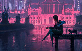 Guitarist, cat, water, windmills, anime HD wallpaper