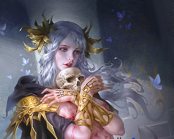 Lovia, golden, bones, frumusete, art, gorgeous, skull, girl, death, yancy jaw, superb, fantasy, yellow, luminos HD wallpaper