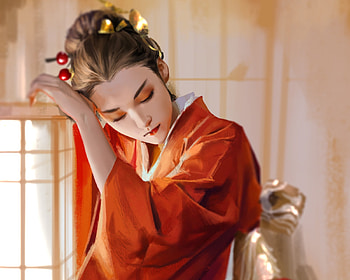 Girl in red kimono, kimono, asian, fantasy, art, red, zhang zhao, wenmo, girl, luminos HD wallpaper