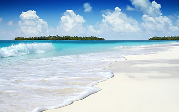 White as White Can Be Beach, blue, white, sand, smooth, land, daylight, day, bright, clouds, trees, nature, sky, water, ocean HD wallpaper