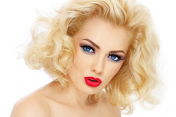 Blonde Girl, red lips, makeup, blonde, gorgeous face, seductive look, girl, sensual, beauty HD wallpaper