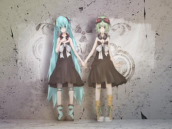 Hatsune Miku & Gumi, blue, awesome, cute, vocaloid, nuke sign, gumi, dress, beauty, nice, miku, vocaloids, hatsune, nuke, wall, bow, callsign, blue eyes, hatsune miku, twintail, girl, aqua, beautiful, diva, anime, pretty, aqua hair, cool, green hair, idol, virtual HD wallpaper