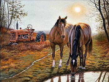 Old Farm Hands - Horses, animal, horse, art, beautiful, illustration, artwork, wide screen, painting, equine, tractor HD wallpaper