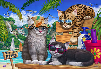 Beach Cats, palm, kitten, sea, sailboats, Bench, painting, colors HD wallpaper