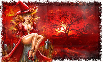 RED WITCH, HAT, FEMALE, RED, WITCH HD wallpaper