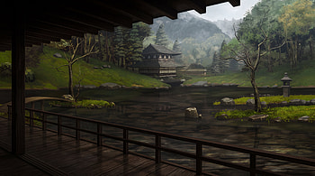 Japanese Feudal Era Samurai Village With Lake and Scenery, Japanese, Forest, Lake, Porch HD wallpaper