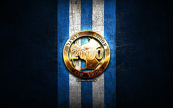 Hapoel Akko FC, golden logo, Leumit League, blue metal background, football, Israeli football club, Hapoel Akko logo, soccer, Hapoel Akko HD wallpaper
