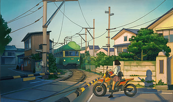 Motorcycle Girl In Japanese Neighborhood, artist, artwork, art, digital-art, anime-girl, railway, artstation HD wallpaper