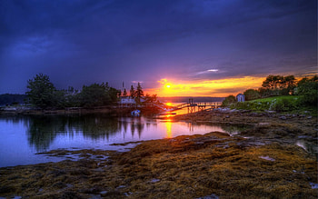 Nature, Sunset, Boats, Lake, Shore, Bank, Bridge, Color, Colors, Evening, Rocky, Stony HD wallpaper