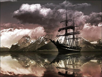 Taking it Slowly, reflection, cold, clouds, sky, mountains, galleon, ocean HD wallpaper