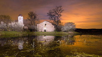 An abandoned church - St. Anastasius, located near Koprinka Dam, Bulgaria, river, trees, landscape, clouds, colors, sky, water, sunset, reflections HD wallpaper