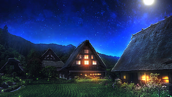 Peaceful Mountain Village Evening, sky, moon, house, flowers, mountain, village, evening, artist, artwork, art, digital-art, deviantart HD wallpaper