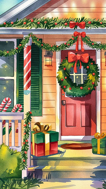 Festive Christmas Porch with Wreath and Gifts, Christmas, gift, christmas ornaments HD phone wallpaper